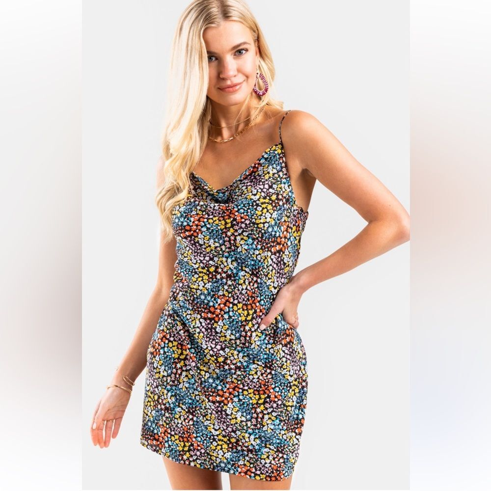 ROW A Multicolor Floral Spaghetti Strap Floral Cowl Neck Mini Dress - Medium